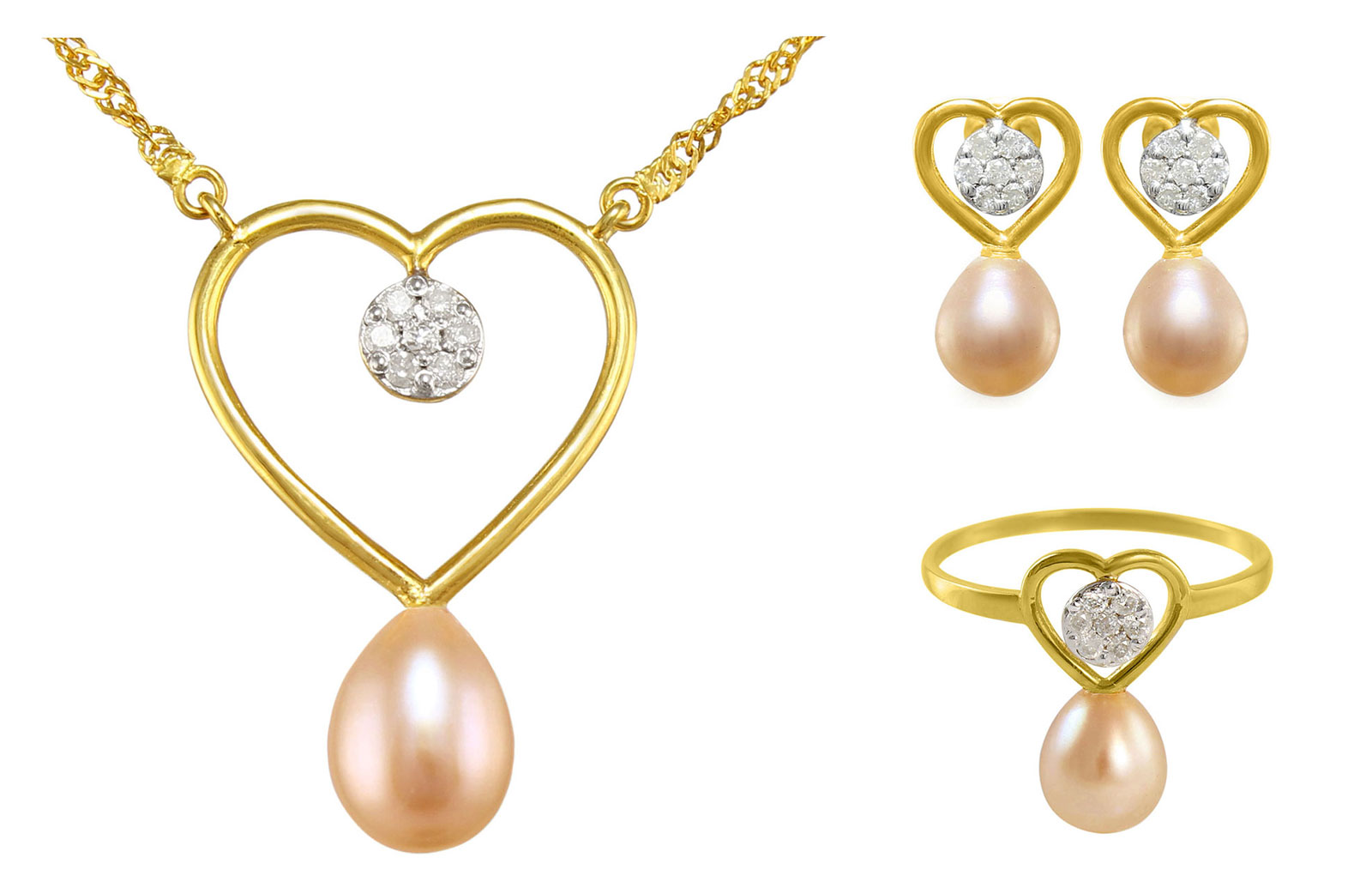 VP Jewels: 18k Solid Gold Diamonds 7mm Pink Pearls Solitaire Heart Earrings, Ring and Necklace Set